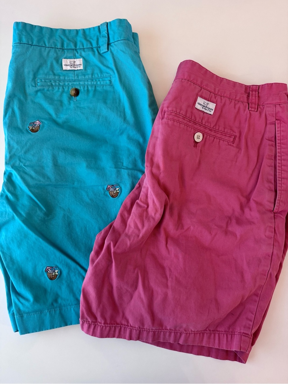 Men’s Lot of 2 Vineyard Vines Shorts, Coconut Drink Pattern and Pink/Red
